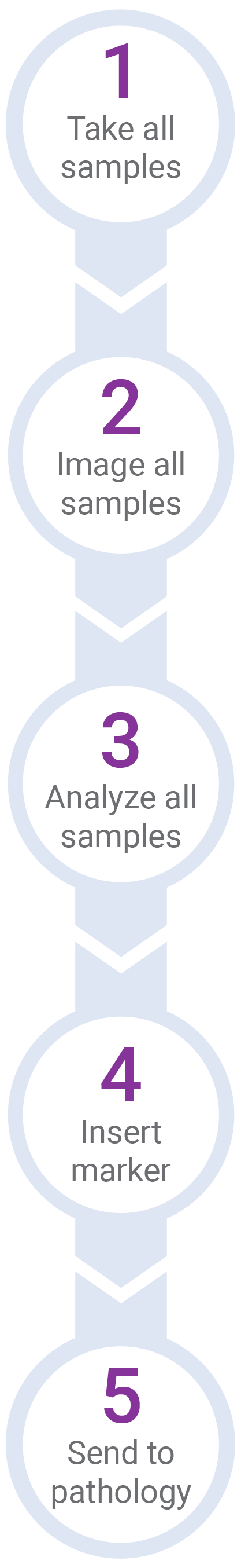1. Take all samples 2. Image all samples 3. Analyze all samples 4. Insert marker 5. Send to pathology